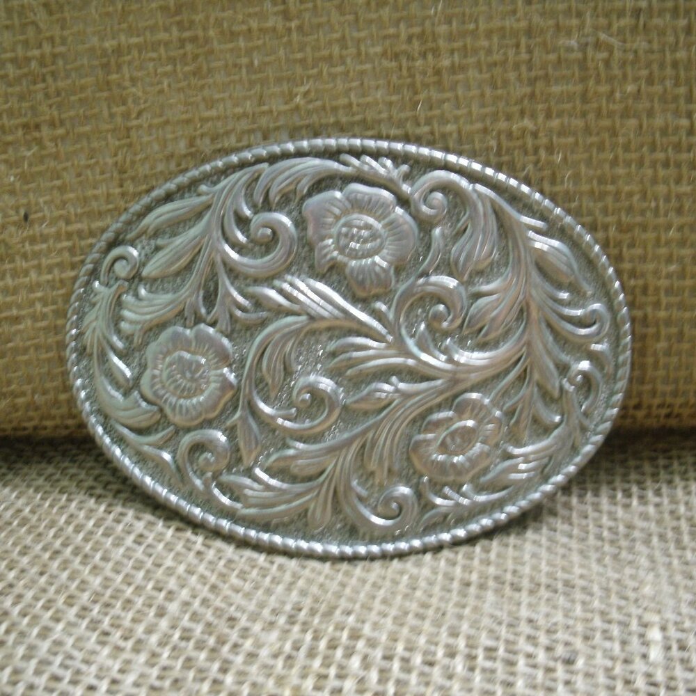 Vintage Silver Floral Pattern Western Belt Buckle